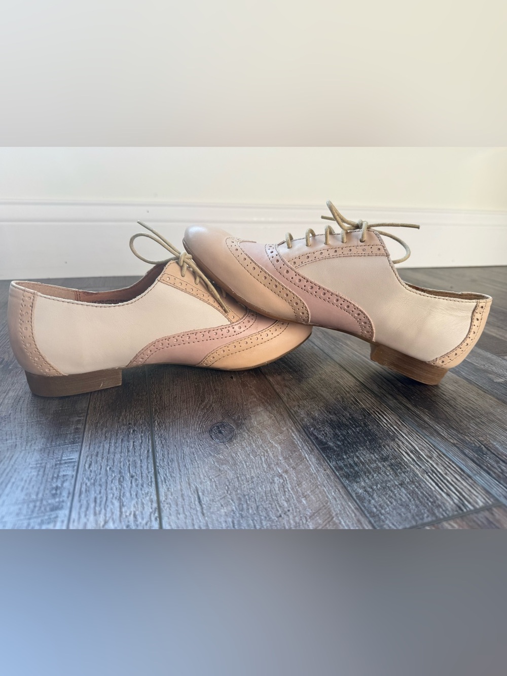 Born Two-Tone Leather Wingtip Oxfords in Blush and Cream - Picture 10 of 11